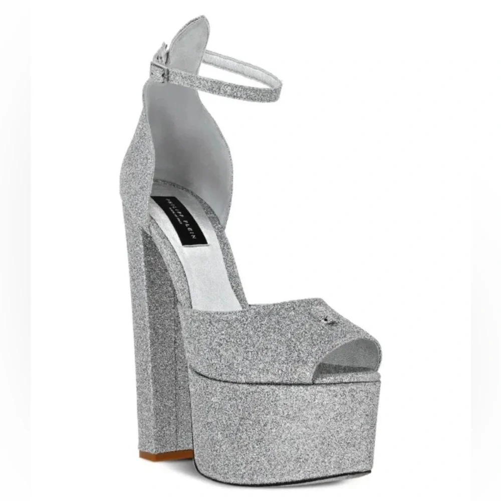 Philipp Plein Silver Glitter Platform Sandals